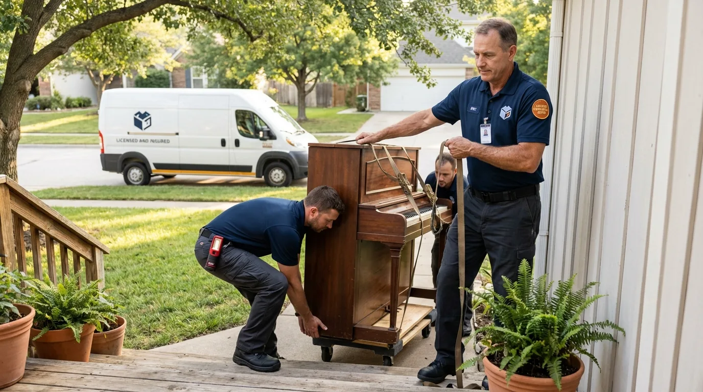 Licensed piano movers securing grand piano in Bainbridge Island, WA
