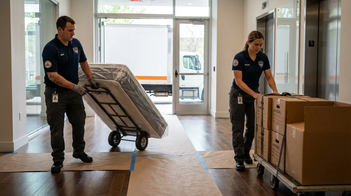 Professional apartment movers loading elevator in Bainbridge Island, WA
