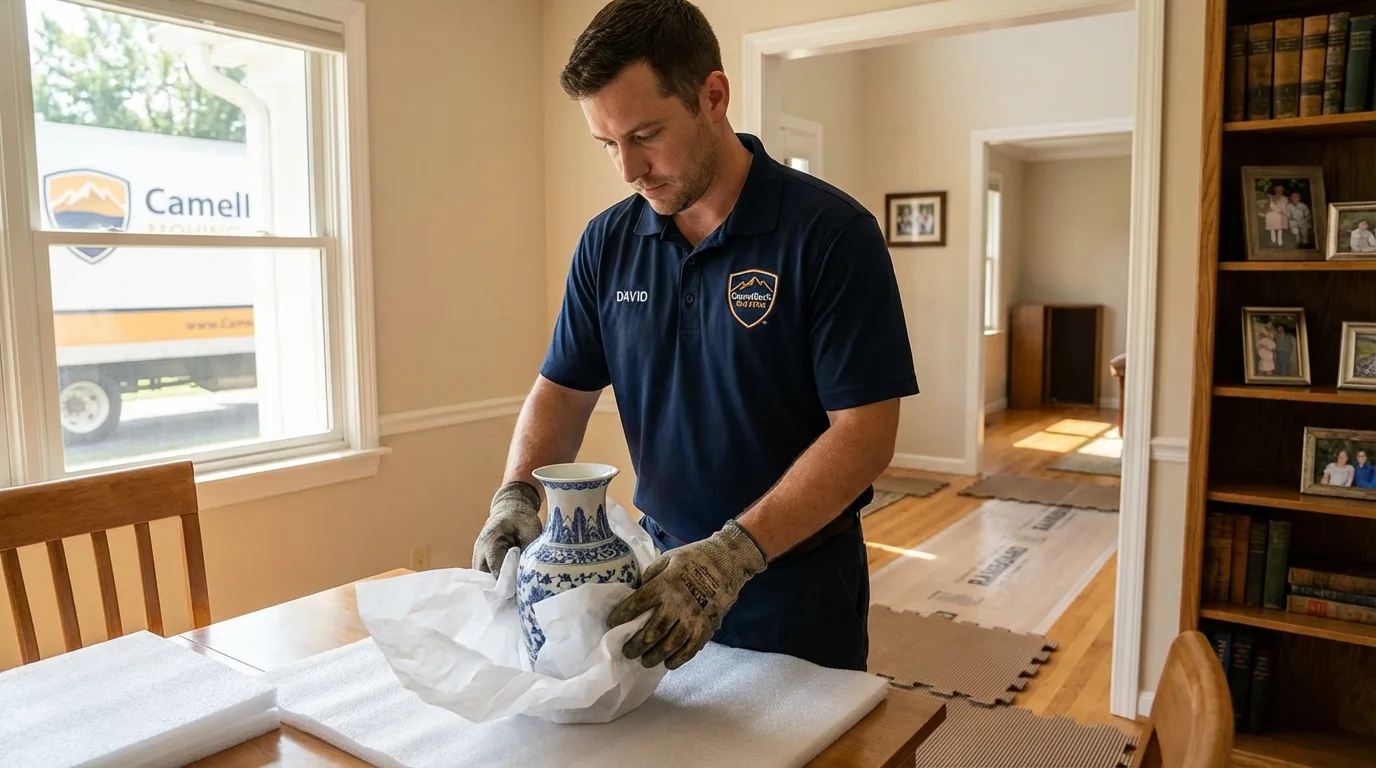 Professional crew carefully wrapping antique vase for senior downsizing move in Bainbridge Island, WA